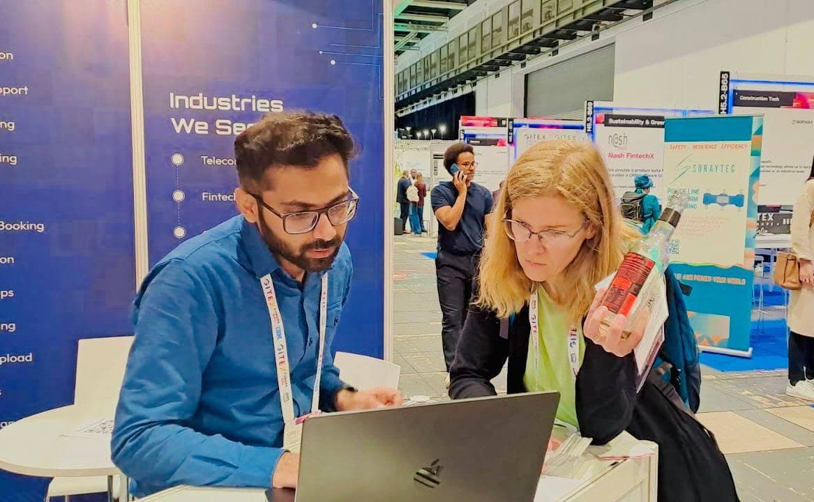 Running a NexaVoxa demo for a visitor on the GITEX Europe floor
