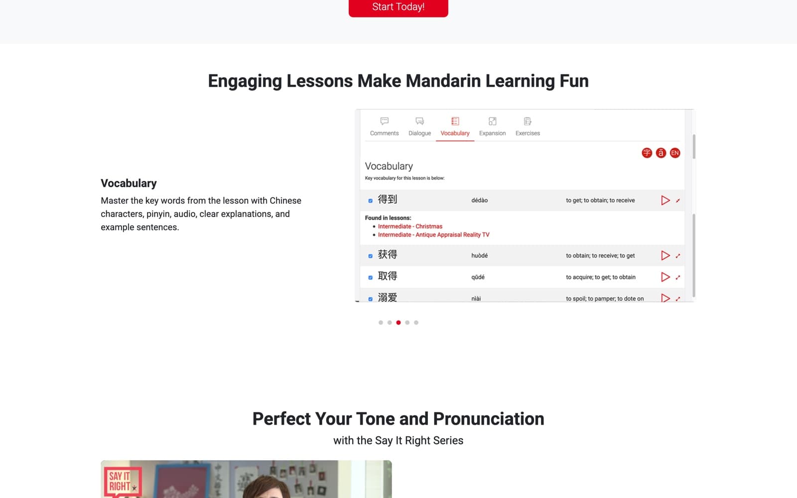 ChinesePod: Lesson anatomy carousel showing the study screens