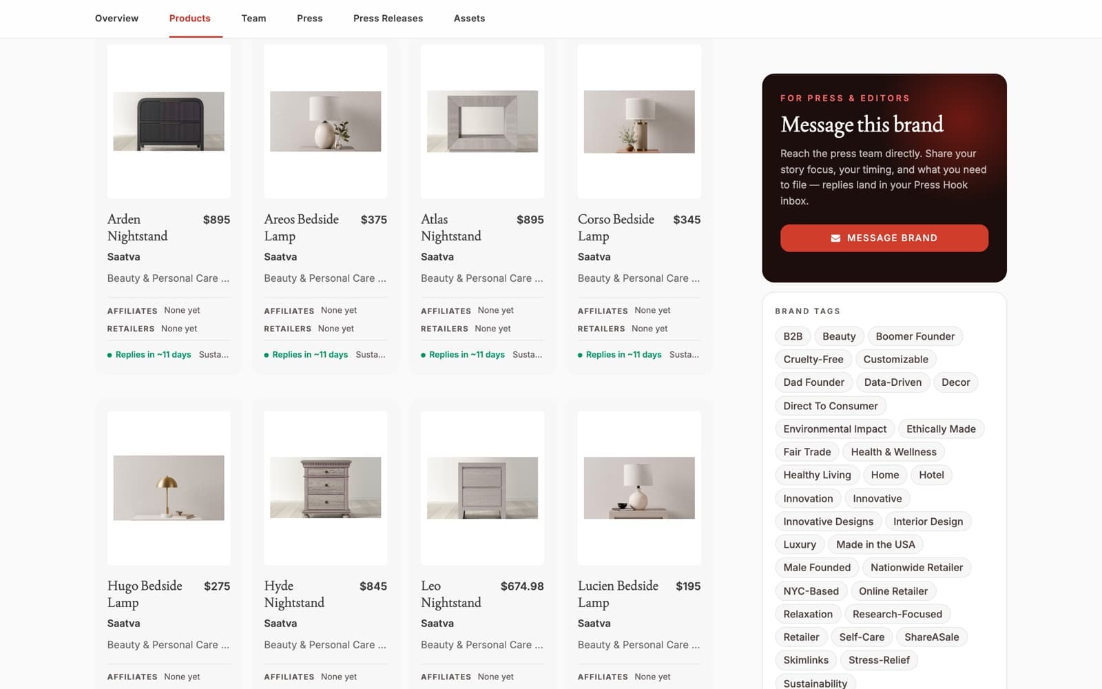 Press Hook: Press kit: section nav, products, brand tags