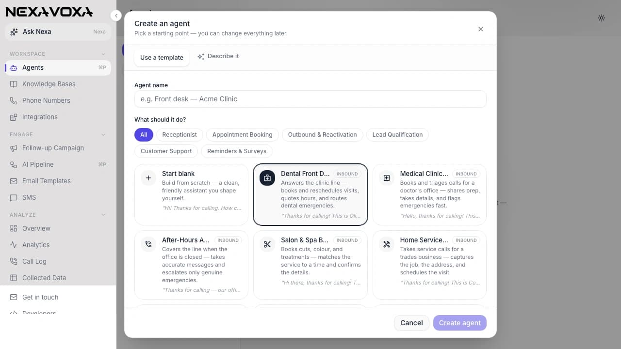 NexaVoxa create an agent from a role template