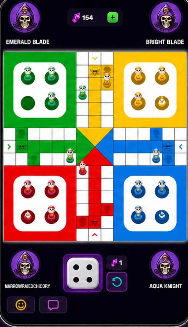 Skulls Ludo board mid-match with four players and the dice roll