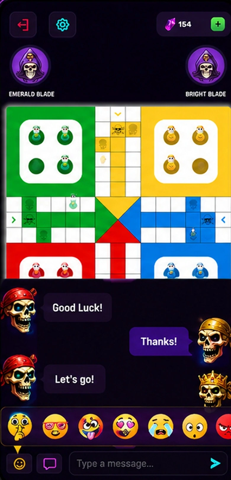 Skulls Ludo in-match chat with emoji reactions