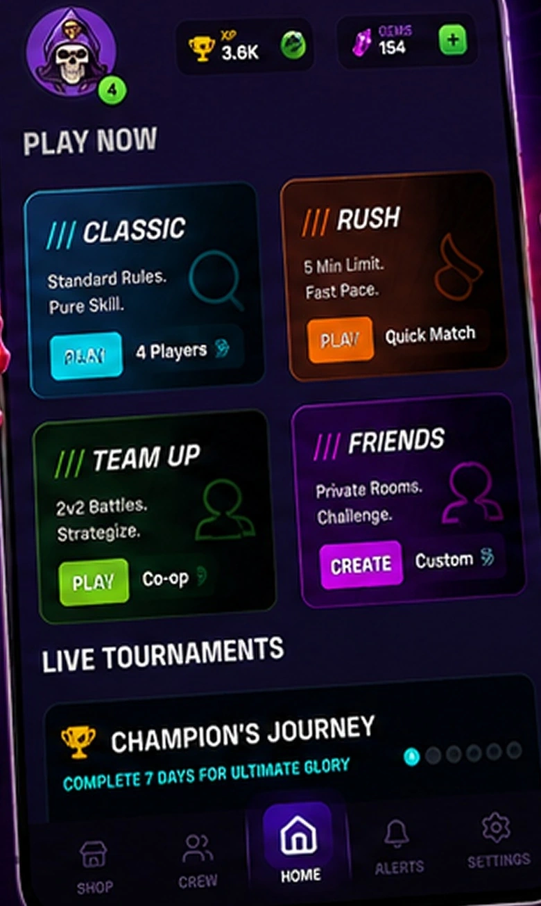 Skulls Ludo home screen with classic, rush, team up and friends modes