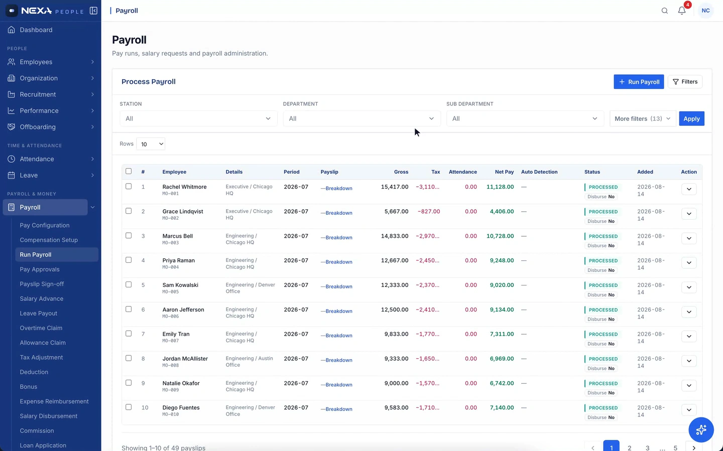 Nexa People payroll run with gross, tax and net pay per employee