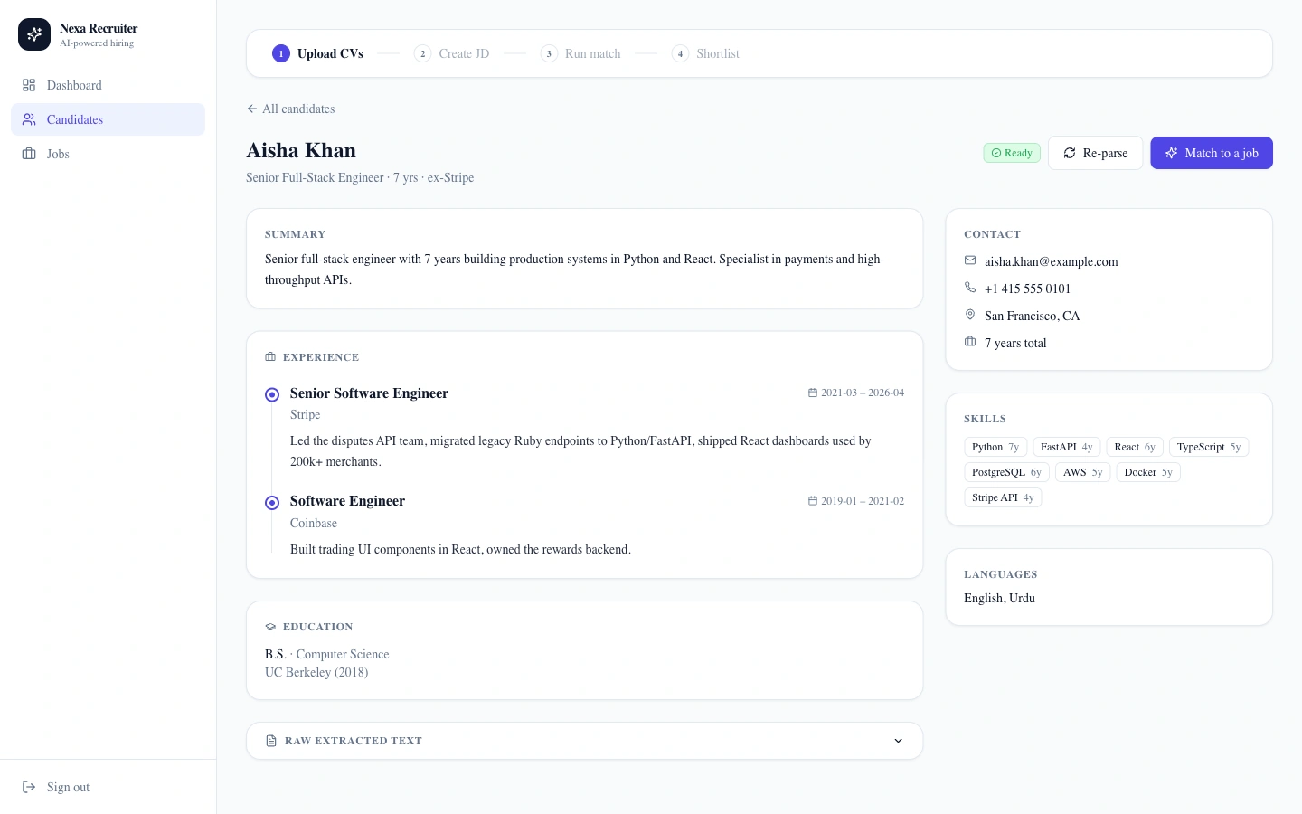Nexa Recruiter parsed candidate profile