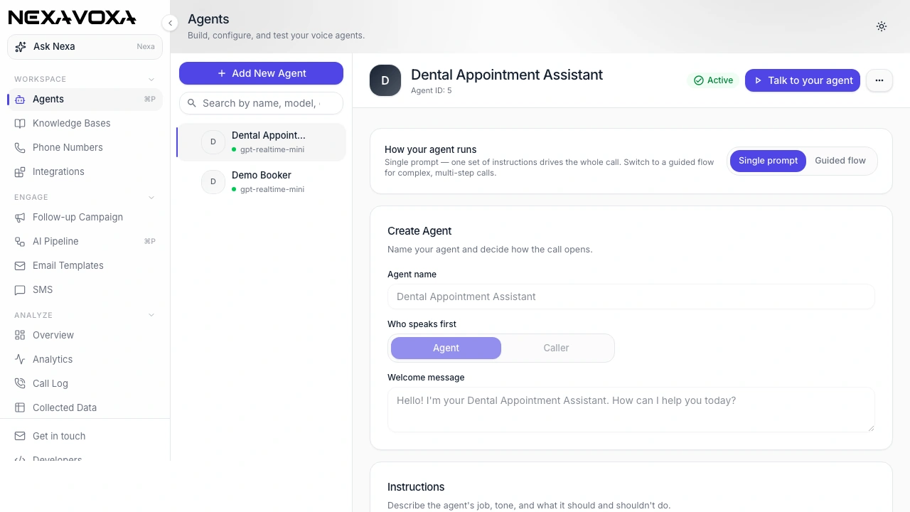 NexaVoxa agents page with an agent configuration form