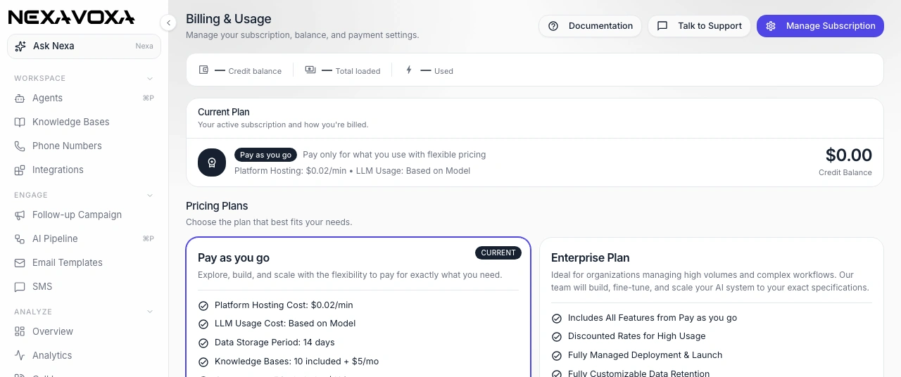 NexaVoxa billing and usage with pricing plans