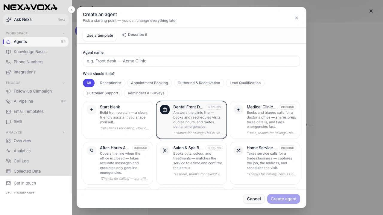 NexaVoxa create an agent from a role template