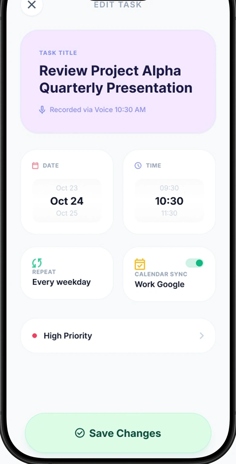 Ping Me task recorded by voice, with date, time, repeat and calendar sync