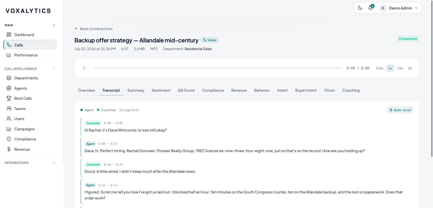 Voxalytics diarised call transcript with agent and customer turns